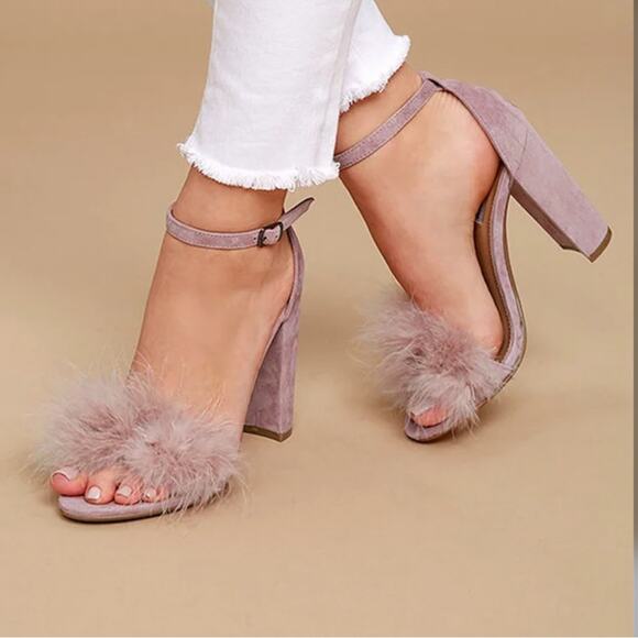 Steve Madden Carabu pink suede leather feather heels size 5.5 peep toe - Picture 8 of 8
